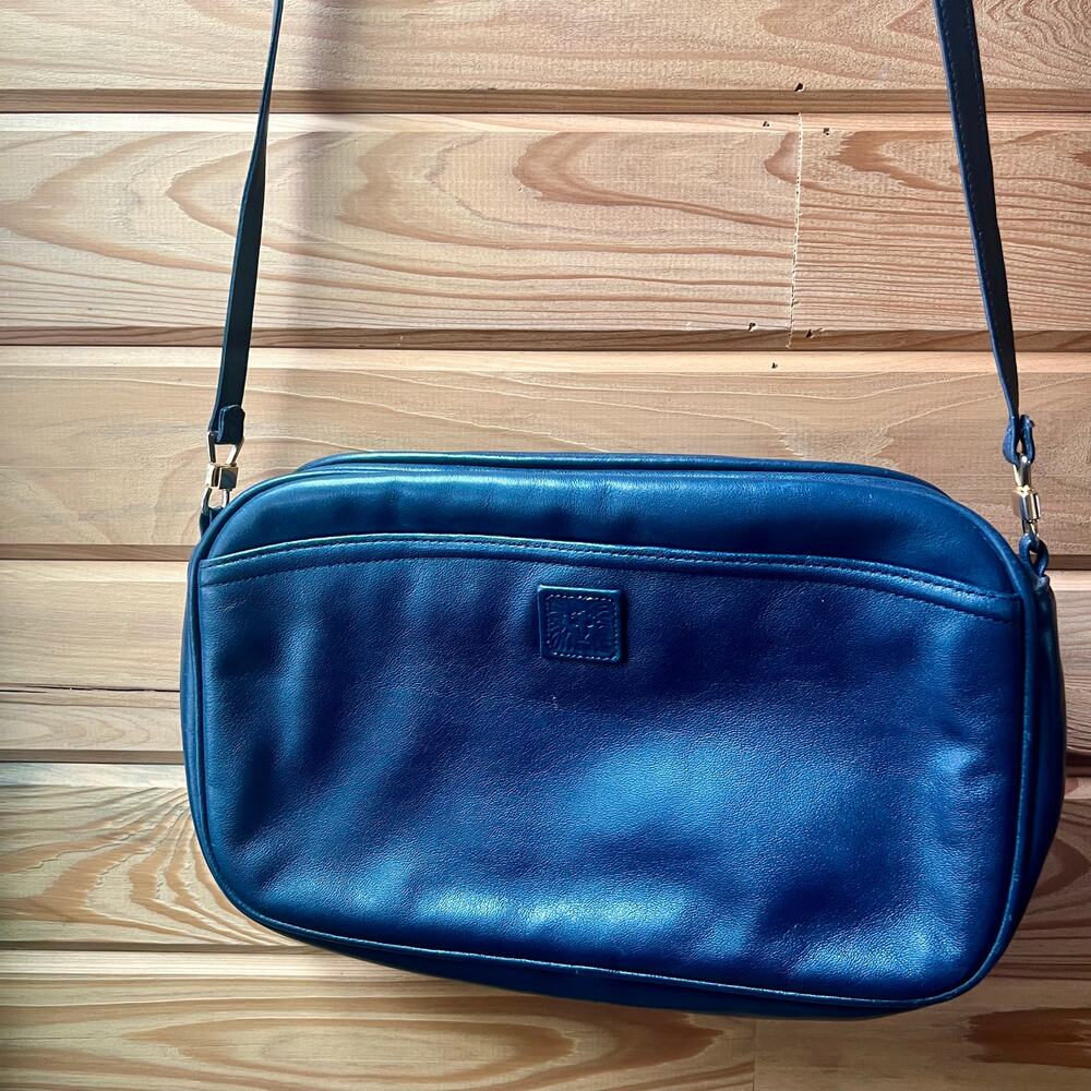 Vintage Anne Klein Leather Crossbody Bag Navy Blue 80s Gold Hardware Small Purse - Picture 9 of 16